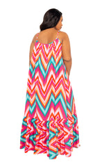 Buxom Couture Curvy Women Plus Size Chevron Print Voluminous Maxi Dress Pink Multi