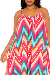 Buxom Couture Curvy Women Plus Size Chevron Print Voluminous Maxi Dress Pink Multi