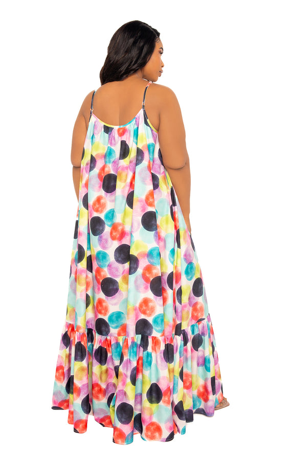 Buxom Couture Curvy Women Plus Size Pastel Polka Dot Voluminous Maxi Dress Violet Multi