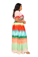 Buxom Couture Curvy Women Plus Size Ombre Stripe Crop Top and Maxi Skirt Set Rainbow