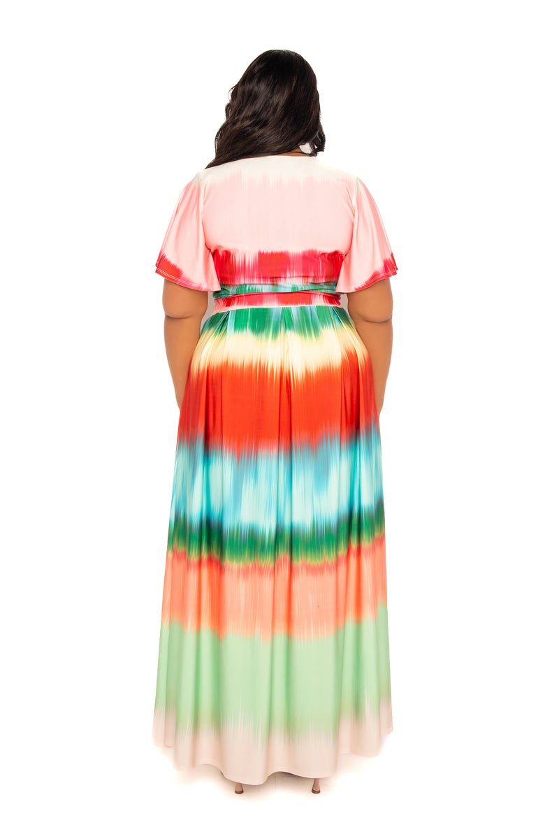 Buxom Couture Curvy Women Plus Size Ombre Stripe Crop Top and Maxi Skirt Set Rainbow