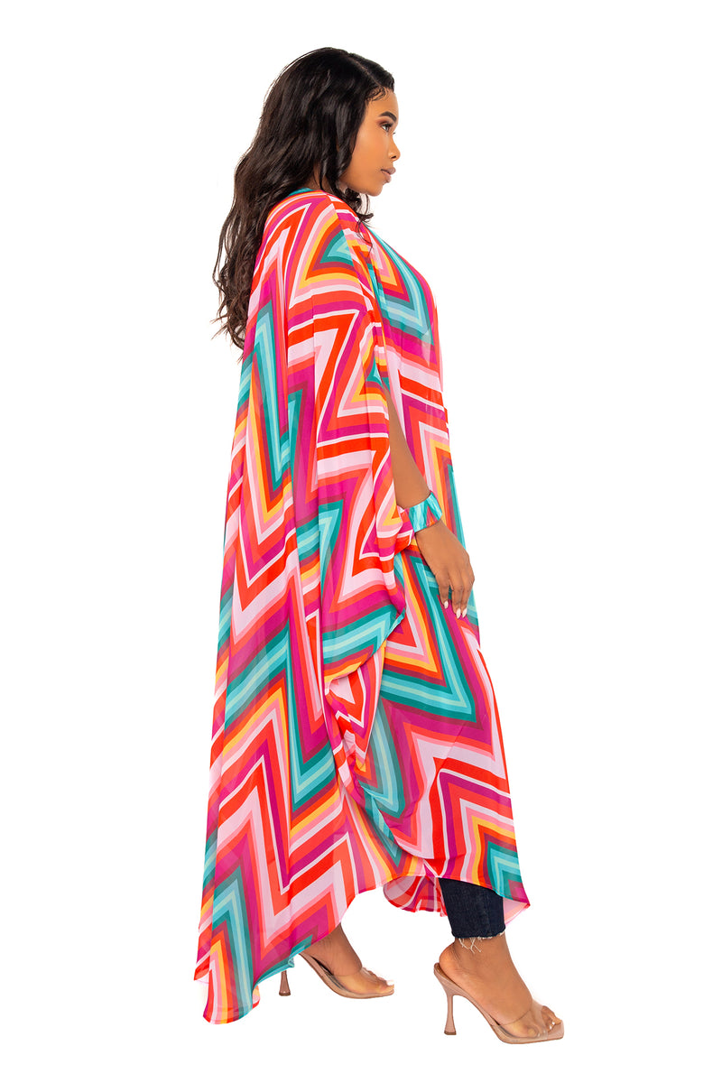 Buxom Couture Curvy Women Plus Size Pink Chevron Print Robe Kimono Summer Loungewear Beachwear