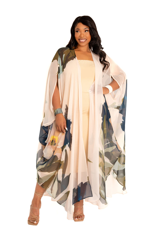 Buxom Couture Curvy Women Plus Size Floral Robe with Wrist Band Biege Multi