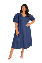 Buxom Couture Curvy Women Plus Size V-Neck Puff Sleeve Denim Dress Denim Blue