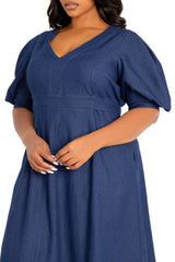 Buxom Couture Curvy Women Plus Size V-Neck Puff Sleeve Denim Dress Denim Blue