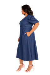 Buxom Couture Curvy Women Plus Size V-Neck Puff Sleeve Denim Dress Denim Blue