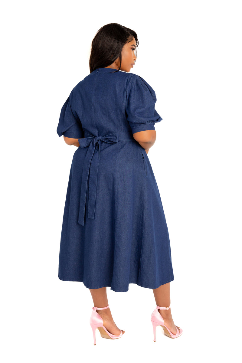 Buxom Couture Curvy Women Plus Size V-Neck Puff Sleeve Denim Dress Denim Blue