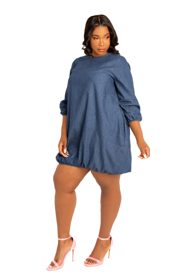 Buxom Couture Curvy Women Plus Size Bubbled Denim Mini Dress Denim Blue