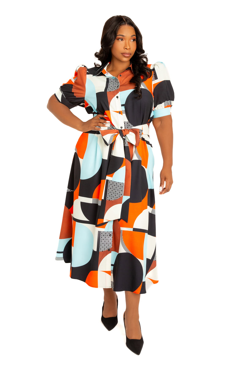 Buxom Couture Curvy Women Plus Size Geometric Print Puff Sleeve Shirtdress with Tie Waist Detail