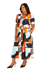 Buxom Couture Curvy Women Plus Size Geometric Print Puff Sleeve Shirtdress with Tie Waist Detail