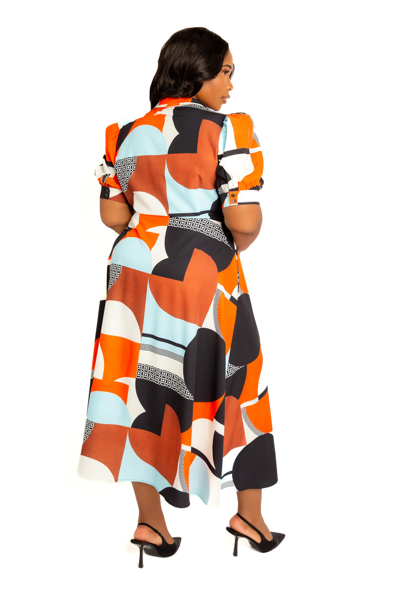 Buxom Couture Curvy Women Plus Size Geometric Print Puff Sleeve Shirtdress with Tie Waist Detail