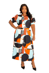 Buxom Couture Curvy Women Plus Size Geometric Print Puff Sleeve Shirtdress with Tie Waist Detail