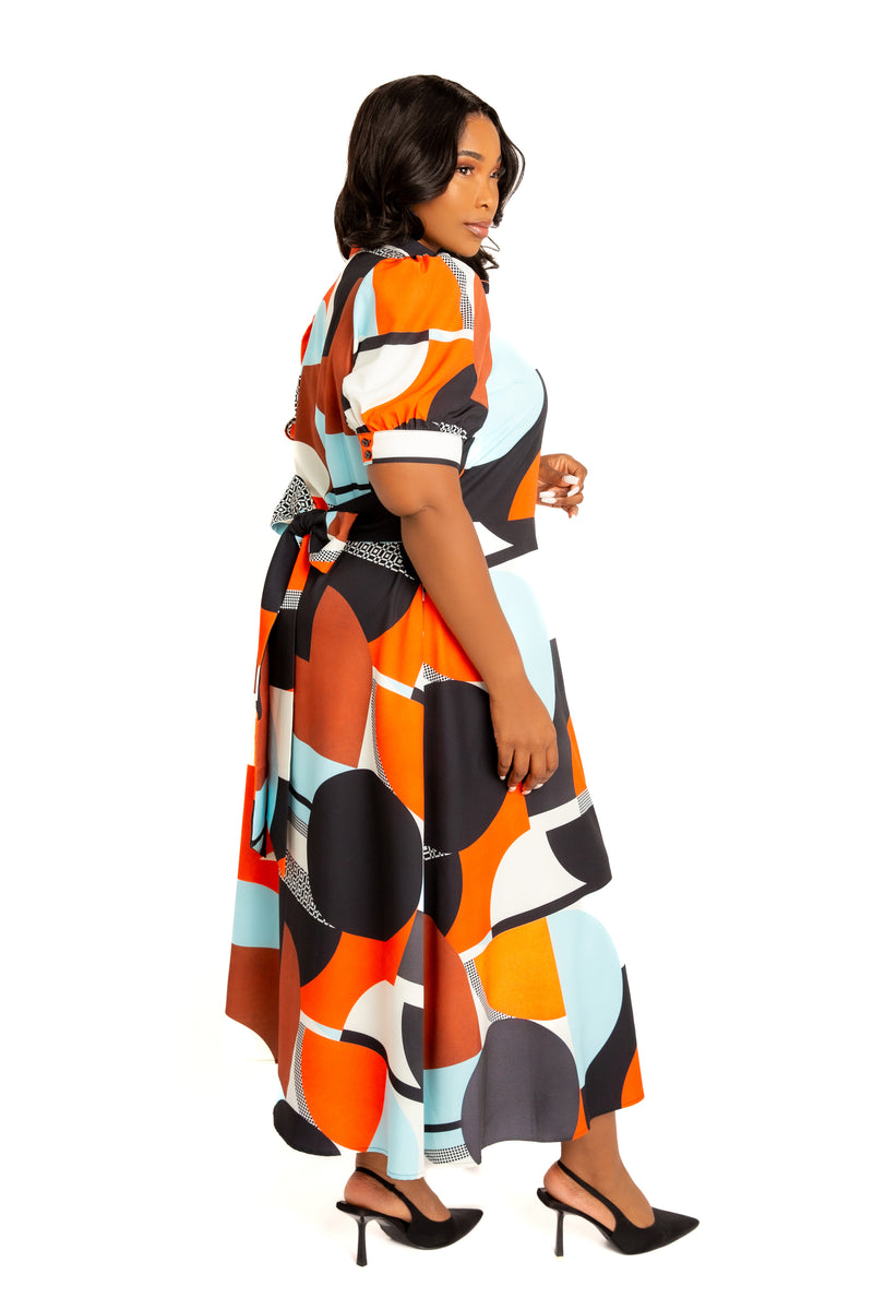 Buxom Couture Curvy Women Plus Size Geometric Print Puff Sleeve Shirtdress with Tie Waist Detail