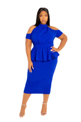 Cut-Out Shoulder Peplum Midi Dress