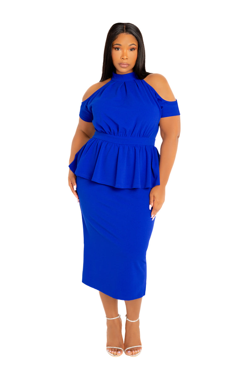 Cut-Out Shoulder Peplum Midi Dress