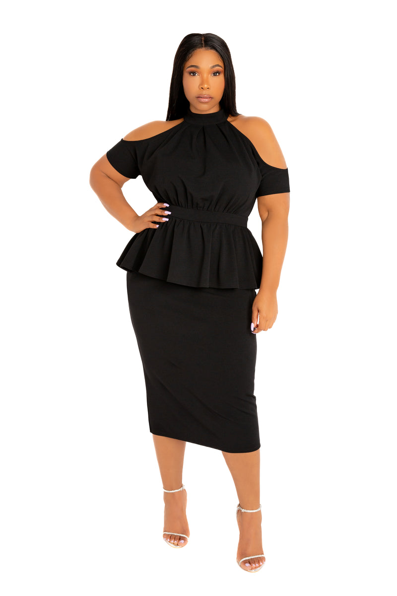 Cut-Out Shoulder Peplum Midi Dress