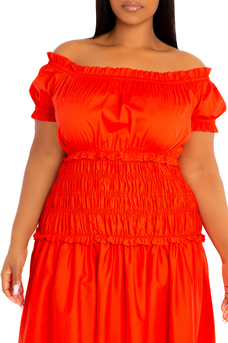 Off Shoulder Smocked Midi Dress