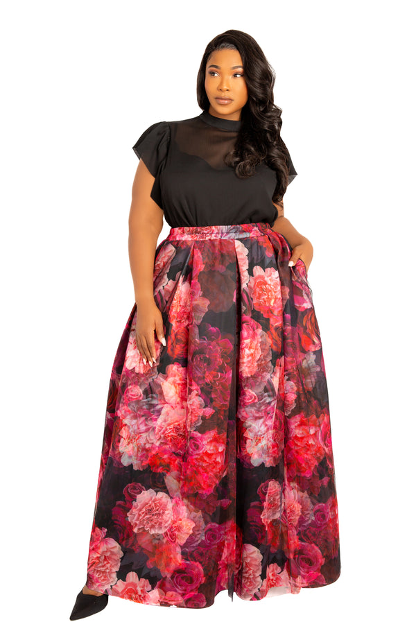 Floral Scuba Organza Maxi Skirt